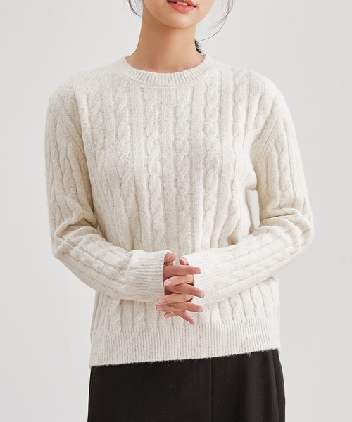 Lace Ladies(レースレディース)の「ウール混 クルーネック ケーブル編み ニット プルオーバー(ニット/セーター・レディース・グレー/アイボリー・FREE)」の11枚目の写真