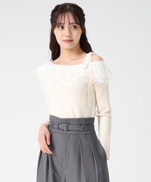2025秋冬新作 肩リボンアシメフリルニット