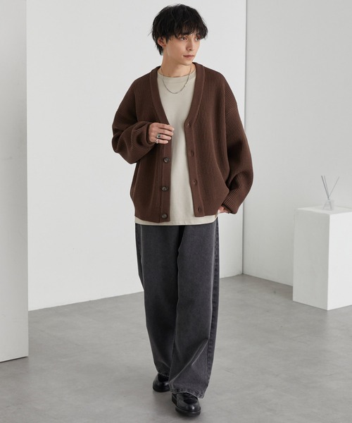 バルキー片畦編み オーバーサイズ Vネック ボリュームニット