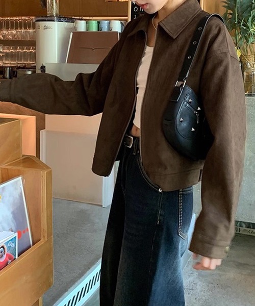 VIBGYOR(ヴィブジョー)の「スエード ジップアップライトジャケット/ジップアップ アウター 韓国ストリート 秋冬(CZ)(その他アウター・レディース・グレー/ブラウン・L/M)」の2枚目の写真