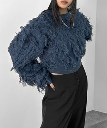 【LVEU.】フリンジクロップドニット / トップス ニット フリンジ クロップド ショート ワイド AW 秋冬 チャコール ブルー パープル