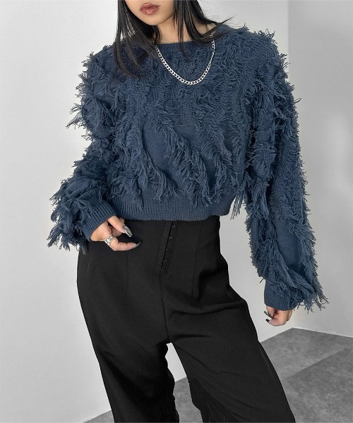 LVEU.(ラブユ.)の「【LVEU.】フリンジクロップドニット / トップス ニット フリンジ クロップド ショート ワイド AW 秋冬 チャコール ブルー パープル(ニット/セーター・レディース・ブルー/チャコールグレー/パープル・FREE)」の8枚目の写真