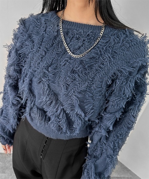 LVEU.(ラブユ.)の「【LVEU.】フリンジクロップドニット / トップス ニット フリンジ クロップド ショート ワイド AW 秋冬 チャコール ブルー パープル(ニット/セーター・レディース・ブルー/チャコールグレー/パープル・FREE)」の7枚目の写真