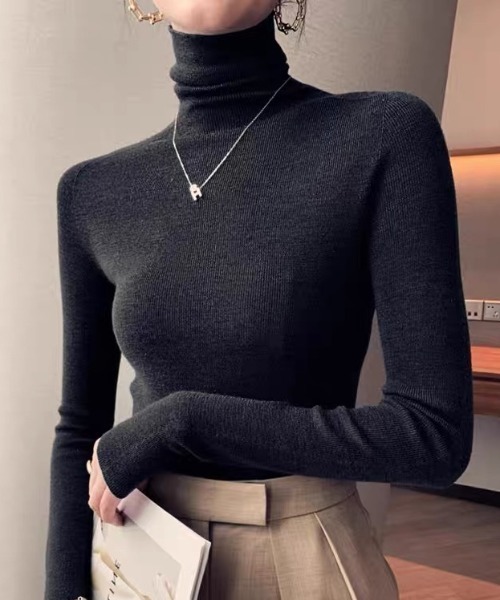 ampm（エーエムピーエム）の「リブタートルネックニットトップス（ニット/セーター・レディース・ブラック/グレー/ホワイト・FREE）」の2枚目の写真