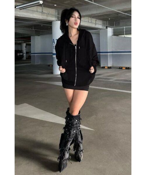 YOUHEE RIBBON HOOD ZIP-UP BLACK（パーカー）｜YOUHEE（ユヒ）の