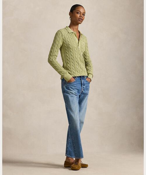 ケーブルニット コットン ロングスリーブ ポロシャツ（ポロシャツ