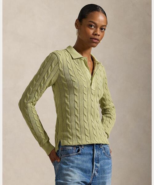 ケーブルニット コットン ロングスリーブ ポロシャツ（ポロシャツ