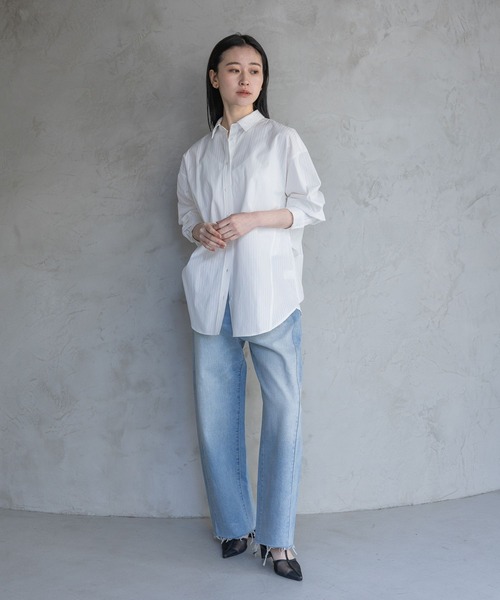 A part by（アパートバイ）の「ストライプBIGシャツ（シャツ/ブラウス・レディース・オフホワイト/ライトグリーン/ライトイエロー・FREE）」の5枚目の写真