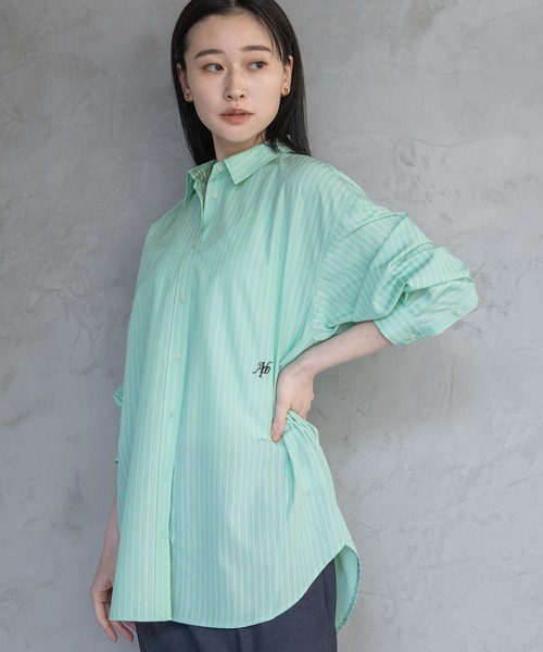 A part by（アパートバイ）の「ストライプBIGシャツ（シャツ/ブラウス・レディース・オフホワイト/ライトグリーン/ライトイエロー・FREE）」の19枚目の写真