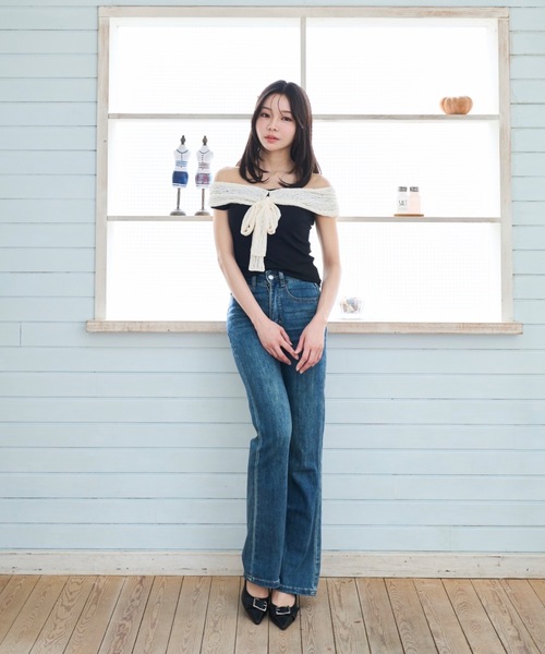 Lallana(ララーナ)の「Lace Off-Shoulder Ribbon Top/レースオフショルダーリボントップス(Tシャツ/カットソー・レディース・ネイビー/ブラック・FREE)」の10枚目の写真