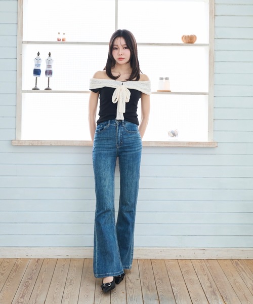 Lallana(ララーナ)の「Lace Off-Shoulder Ribbon Top/レースオフショルダーリボントップス(Tシャツ/カットソー・レディース・ネイビー/ブラック・FREE)」の12枚目の写真