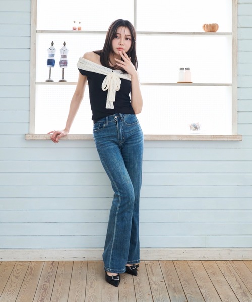 Lallana(ララーナ)の「Lace Off-Shoulder Ribbon Top/レースオフショルダーリボントップス(Tシャツ/カットソー・レディース・ネイビー/ブラック・FREE)」の14枚目の写真