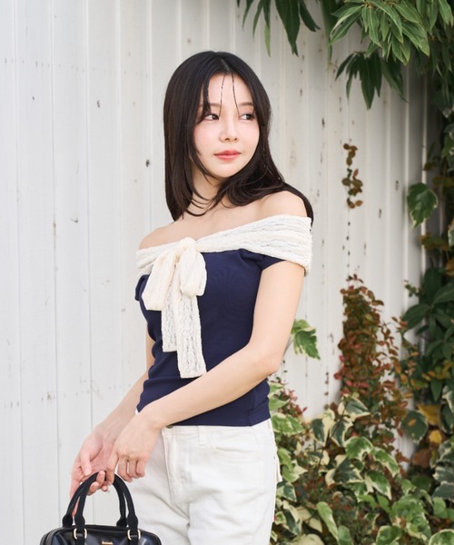 Lallana(ララーナ)の「Lace Off-Shoulder Ribbon Top/レースオフショルダーリボントップス(Tシャツ/カットソー・レディース・ネイビー/ブラック・FREE)」の20枚目の写真
