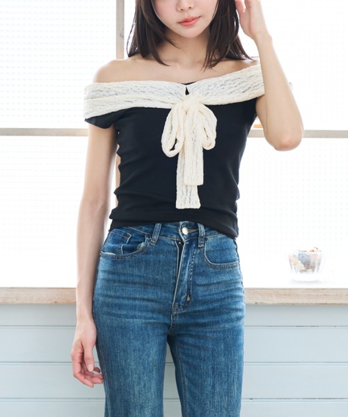 Lallana(ララーナ)の「Lace Off-Shoulder Ribbon Top/レースオフショルダーリボントップス(Tシャツ/カットソー・レディース・ネイビー/ブラック・FREE)」の8枚目の写真