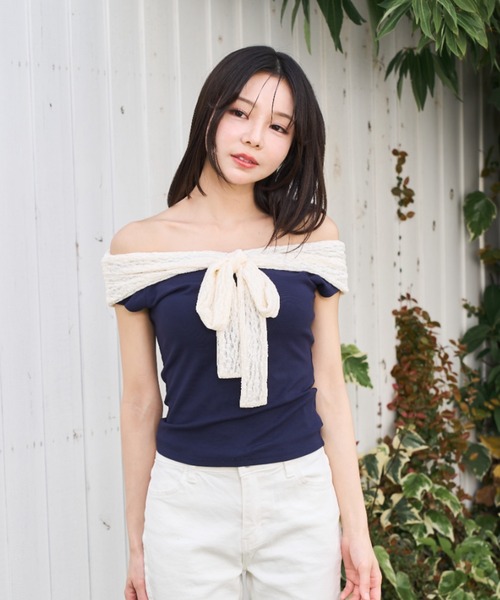 Lallana(ララーナ)の「Lace Off-Shoulder Ribbon Top/レースオフショルダーリボントップス(Tシャツ/カットソー・レディース・ネイビー/ブラック・FREE)」の22枚目の写真