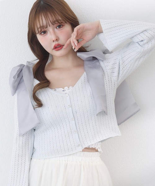 one after another NICE CLAUP（ワンアフターアナザーナイスクラップ）の「ビジューボタンカーディガン（カーディガン/ボレロ・レディース・杢グレー/ミント/サックスブルー/アイボリー/ピンク・FREE）」の5枚目の写真