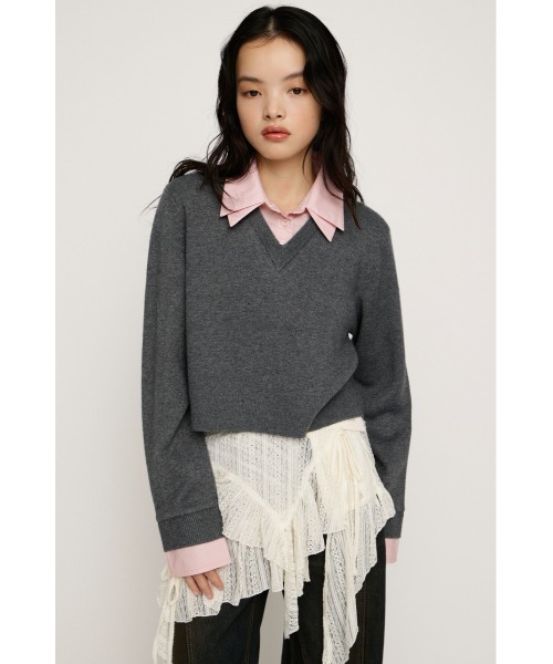 SLY(スライ)の「LAYERED LIKE CROP KNIT TOPS レイヤードライククロップニットトップス 冬服 春服(ニット/セーター・レディース・ネイビー/グレー系その他2/グレー・FREE)」の4枚目の写真