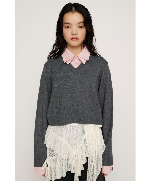 SLY(スライ)の「LAYERED LIKE CROP KNIT TOPS レイヤードライククロップニットトップス 冬服 春服(ニット/セーター・レディース・ネイビー/グレー系その他2/グレー・FREE)」の8枚目の写真