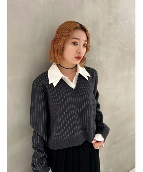 SLY(スライ)の「LAYERED LIKE CROP KNIT TOPS レイヤードライククロップニットトップス 冬服 春服(ニット/セーター・レディース・ネイビー/グレー系その他2/グレー・FREE)」の5枚目の写真