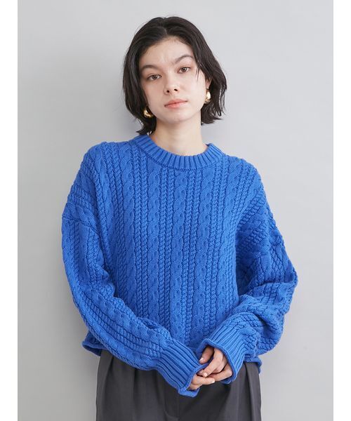 mame マメ 14AW ケーブル編み ショートウールニットセーター ブルー 1 mame - mame マメ 14AW ケーブル編み ショートウールニットセーター