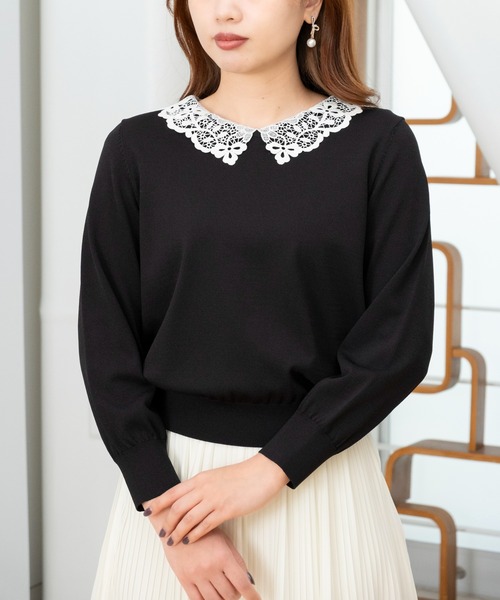 STRAWBERRY-FIELDS（ストロベリーフィールズ）の「アメリ―ストレッチ_レース衿ニット（ニット/セーター・レディース・ブラック×ホワイト/オフホワイト/ピンクベージュ・2）」の2枚目の写真