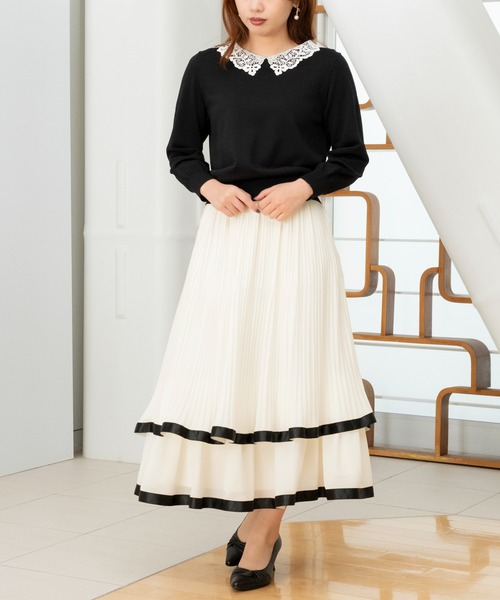 STRAWBERRY-FIELDS（ストロベリーフィールズ）の「アメリ―ストレッチ_レース衿ニット（ニット/セーター・レディース・ブラック×ホワイト/オフホワイト/ピンクベージュ・2）」の5枚目の写真