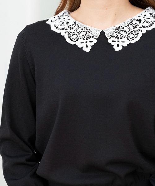 STRAWBERRY-FIELDS（ストロベリーフィールズ）の「アメリ―ストレッチ_レース衿ニット（ニット/セーター・レディース・ブラック×ホワイト/オフホワイト/ピンクベージュ・2）」の4枚目の写真
