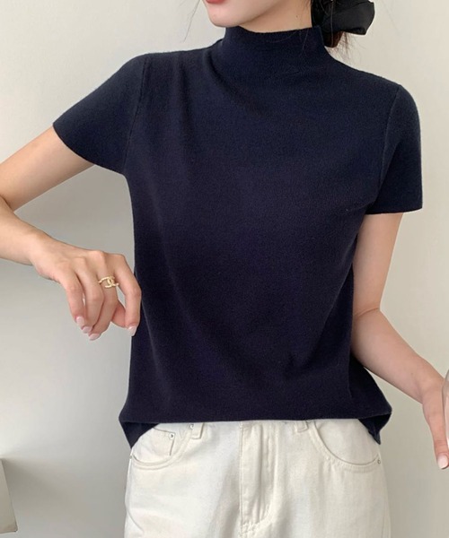 LOWO（ロワ）の「ハイネック ニットトップス 半袖 春ニット（ニット/セーター・レディース・ブラウン/チャコールグレー/ネイビー/ベージュ/ブラック/レッド・FREE）」の21枚目の写真