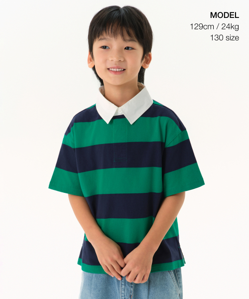 MUSINSA STANDARD KIDS（ムシンサスタンダードキッズ）の「ストライプ半袖ラグビーシャツ[ネイビー/グリーン]（ポロシャツ・レディース・その他・100/110/120/130/140/150/160）」の2枚目の写真