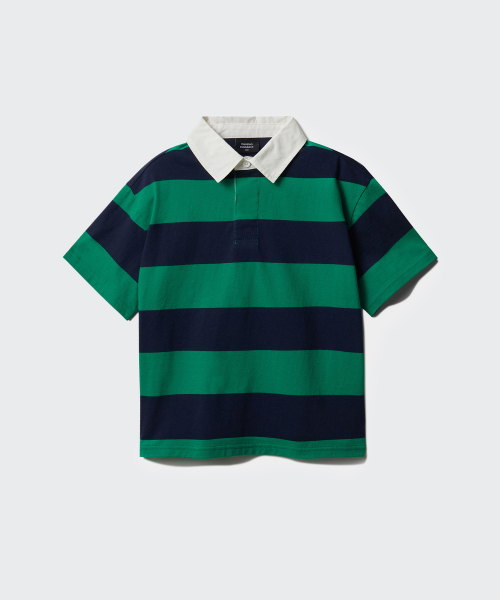 MUSINSA STANDARD KIDS（ムシンサスタンダードキッズ）の「ストライプ半袖ラグビーシャツ[ネイビー/グリーン]（ポロシャツ・レディース・その他・100/110/120/130/140/150/160）」の3枚目の写真