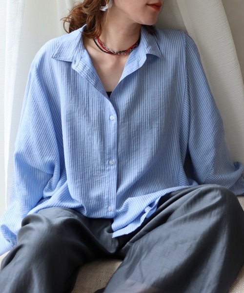 zena（ジェナ）の「シアーストライプドルマンシャツ/ オーバーサイズ / 春シャツ（シャツ/ブラウス・レディース・ブルー系その他/ベージュ系その他・FREE）」の11枚目の写真