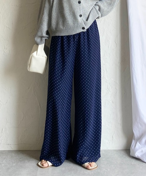 She's Closet(シーズクローゼット)の「水玉 ドット柄 ストレート ロング ワイド パンツ シフォン シアー イージーパンツ(その他パンツ・レディース・ネイビー/ブラック/オフホワイト・FREE)」の1枚目の写真
