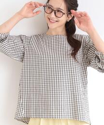 【セットアップ可/洗濯機可】上品チェックが好印象 ゆるさら6分袖ブラウス