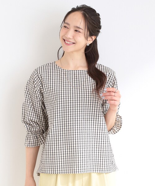 SHOO・LA・RUE（シューラルー）の「【セットアップ可/洗濯機可】上品チェックが好印象 ゆるさら6分袖ブラウス（シャツ/ブラウス・レディース・ブルー系6/チャコールグレー/イエロー系その他3/ホワイト系4/ネイビー系1・03/02/01/04）」の17枚目の写真