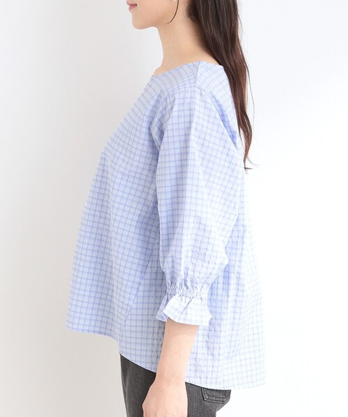 SHOO・LA・RUE（シューラルー）の「【セットアップ可/洗濯機可】上品チェックが好印象 ゆるさら6分袖ブラウス（シャツ/ブラウス・レディース・ブルー系6/チャコールグレー/イエロー系その他3/ホワイト系4/ネイビー系1・03/02/01/04）」の7枚目の写真