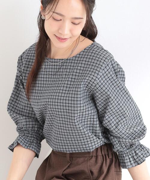 SHOO・LA・RUE（シューラルー）の「【セットアップ可/洗濯機可】上品チェックが好印象 ゆるさら6分袖ブラウス（シャツ/ブラウス・レディース・ブルー系6/チャコールグレー/イエロー系その他3/ホワイト系4/ネイビー系1・03/02/01/04）」の6枚目の写真
