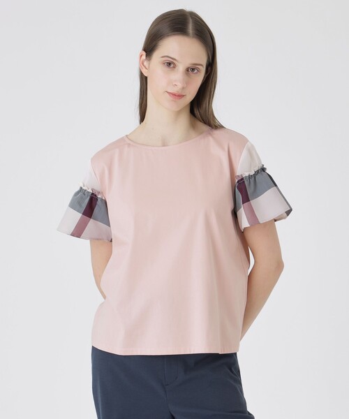 BLUE LABEL CRESTBRIDGE（ブルーレーベルクレストブリッジ）の「【接触冷感】プレーティング天竺チェックスリーブTシャツ（Tシャツ/カットソー・レディース・ブラック/ベビーピンク/ホワイト/ダークネイビー・38/40）」の4枚目の写真