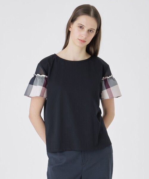 BLUE LABEL CRESTBRIDGE（ブルーレーベルクレストブリッジ）の「【接触冷感】プレーティング天竺チェックスリーブTシャツ（Tシャツ/カットソー・レディース・ブラック/ベビーピンク/ホワイト/ダークネイビー・38/40）」の3枚目の写真