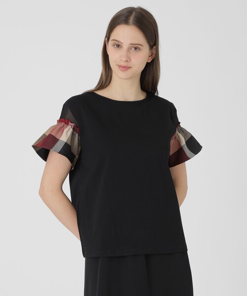 BLUE LABEL CRESTBRIDGE（ブルーレーベルクレストブリッジ）の「【接触冷感】プレーティング天竺チェックスリーブTシャツ（Tシャツ/カットソー・レディース・ブラック/ベビーピンク/ホワイト/ダークネイビー・38/40）」の2枚目の写真