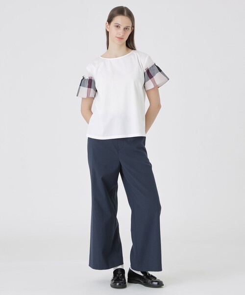 BLUE LABEL CRESTBRIDGE（ブルーレーベルクレストブリッジ）の「【接触冷感】プレーティング天竺チェックスリーブTシャツ（Tシャツ/カットソー・レディース・ブラック/ベビーピンク/ホワイト/ダークネイビー・38/40）」の5枚目の写真