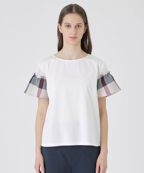 BLUE LABEL CRESTBRIDGE（ブルーレーベルクレストブリッジ）の「【接触冷感】プレーティング天竺チェックスリーブTシャツ（Tシャツ/カットソー・レディース・ブラック/ベビーピンク/ホワイト/ダークネイビー・38/40）」の6枚目の写真