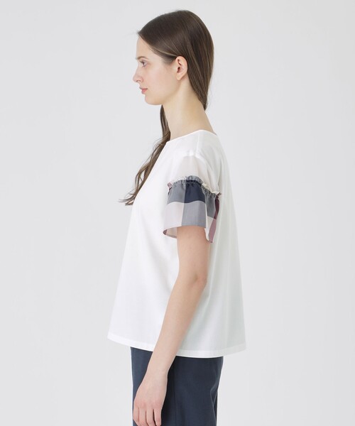 BLUE LABEL CRESTBRIDGE（ブルーレーベルクレストブリッジ）の「【接触冷感】プレーティング天竺チェックスリーブTシャツ（Tシャツ/カットソー・レディース・ブラック/ベビーピンク/ホワイト/ダークネイビー・38/40）」の7枚目の写真