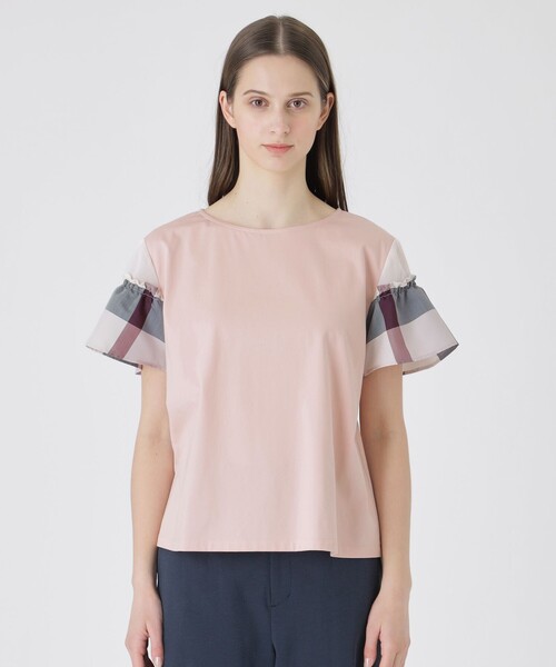 BLUE LABEL CRESTBRIDGE（ブルーレーベルクレストブリッジ）の「【接触冷感】プレーティング天竺チェックスリーブTシャツ（Tシャツ/カットソー・レディース・ブラック/ベビーピンク/ホワイト/ダークネイビー・38/40）」の18枚目の写真