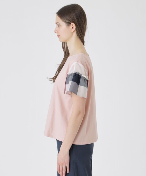 BLUE LABEL CRESTBRIDGE（ブルーレーベルクレストブリッジ）の「【接触冷感】プレーティング天竺チェックスリーブTシャツ（Tシャツ/カットソー・レディース・ブラック/ベビーピンク/ホワイト/ダークネイビー・38/40）」の19枚目の写真