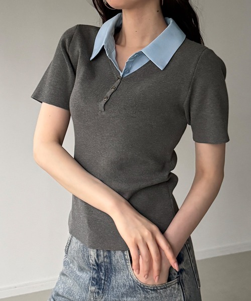 junoah(ジュノア)の「シャツレイヤード半袖ニットトップス(ニット/セーター・レディース・ダークブラウン/ネイビー/グレー・LARGE/MEDIUM)」の2枚目の写真