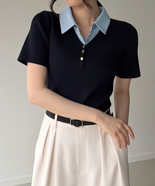 junoah(ジュノア)の「シャツレイヤード半袖ニットトップス(ニット/セーター・レディース・ダークブラウン/ネイビー/グレー・LARGE/MEDIUM)」の4枚目の写真
