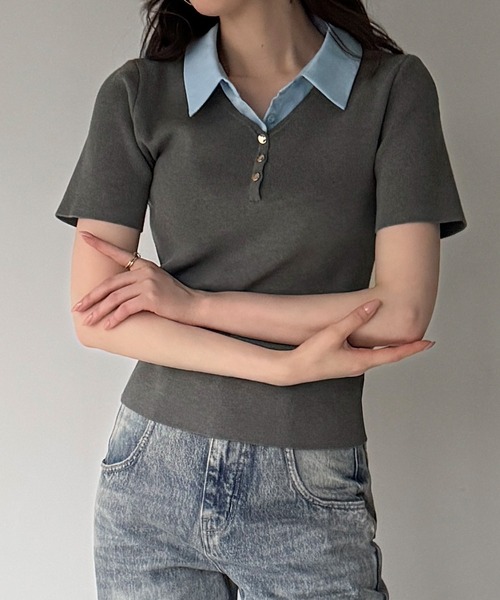 junoah(ジュノア)の「シャツレイヤード半袖ニットトップス(ニット/セーター・レディース・ダークブラウン/ネイビー/グレー・LARGE/MEDIUM)」の10枚目の写真