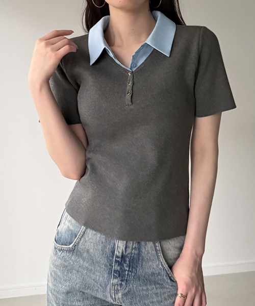 junoah(ジュノア)の「シャツレイヤード半袖ニットトップス(ニット/セーター・レディース・ダークブラウン/ネイビー/グレー・LARGE/MEDIUM)」の11枚目の写真