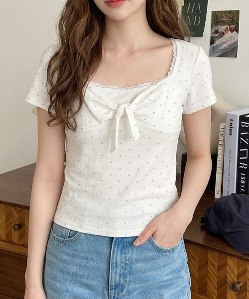 VIVID LADY（ビビッドレディー）の「ドット柄 スクエアネック リボン 半袖Tシャツ トップス（Tシャツ/カットソー・レディース・ホワイト/ライトブルー/グレー・FREE）」の5枚目の写真