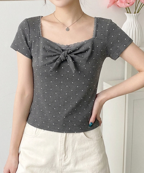 VIVID LADY（ビビッドレディー）の「ドット柄 スクエアネック リボン 半袖Tシャツ トップス（Tシャツ/カットソー・レディース・ホワイト/ライトブルー/グレー・FREE）」の15枚目の写真